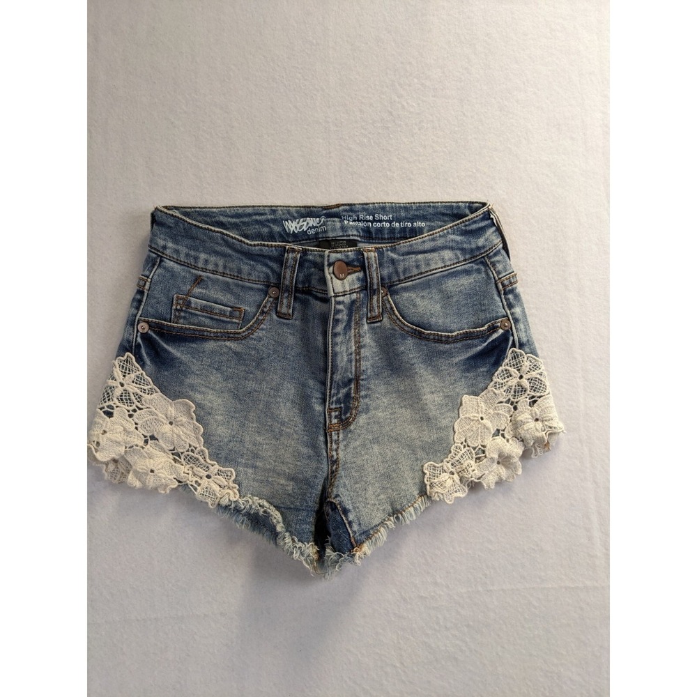 Mossimo Womens Cutoff Jean Shorts Size 00 / 24 High Rise Lace Cotton Blend Blue